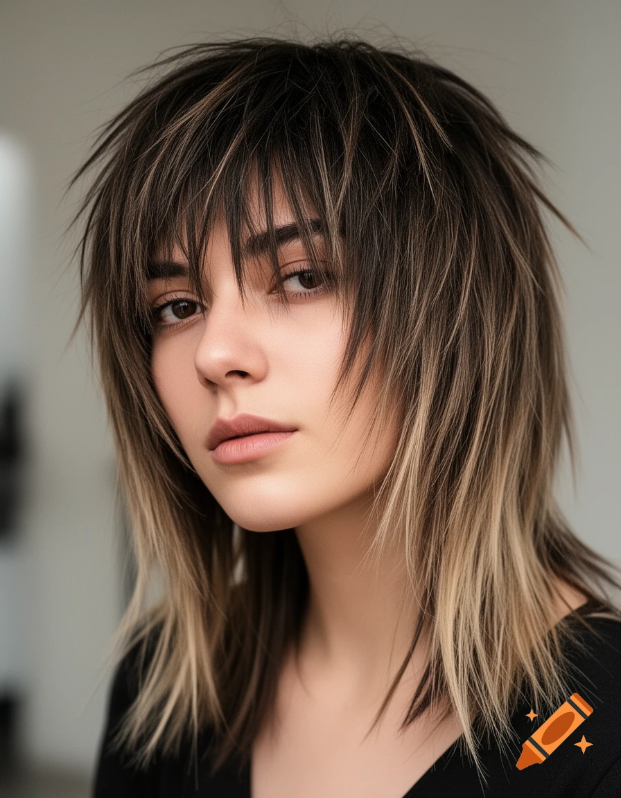 Close-up portrait of a young woman with a messy dark brown and blonde wolfcut hairstyle, looking directly at the camera.
