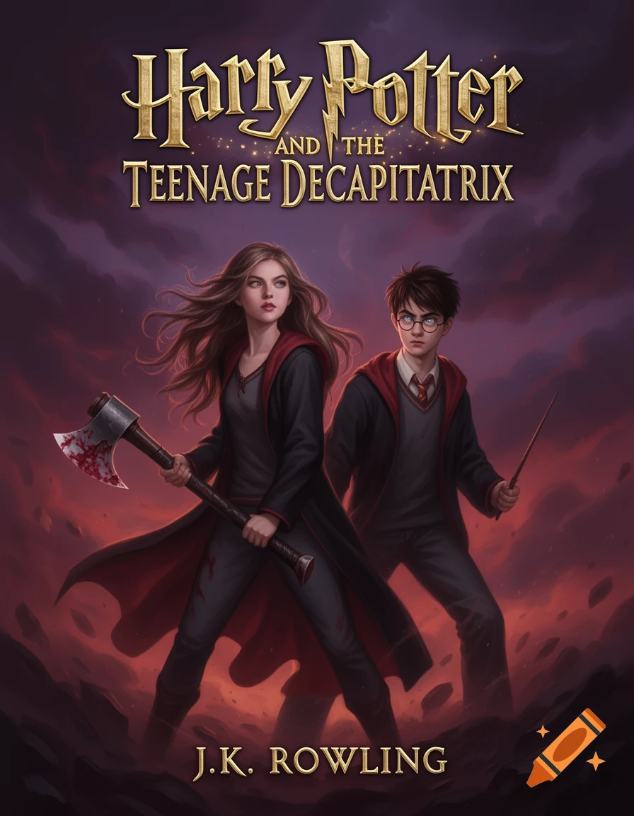 Illustration of a girl holding a bloody axe next to Harry Potter, against a dark, dramatic sky. Text reads "Harry Potter and The Teenage Decapitatrix" by J.K. Rowling.