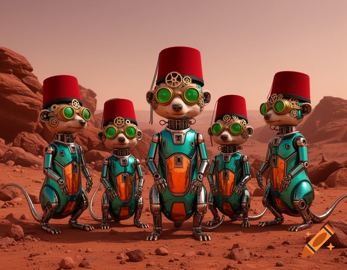 Five steampunk-style android meerkats with red fezzes, brass goggles, and green lenses stand on a rocky, red Martian landscape.