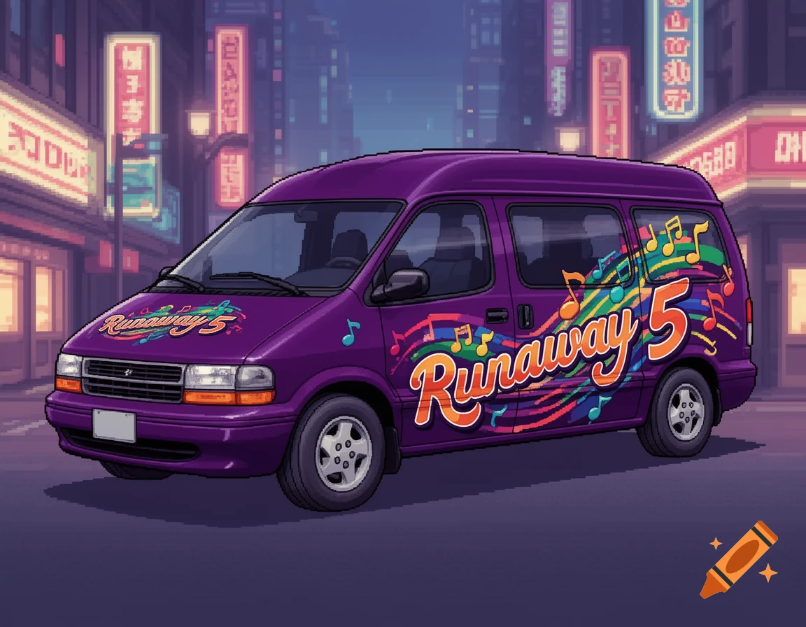 A pixel art purple van, styled as the Runaway 5 tour bus, parked on a city street at night with neon signs.