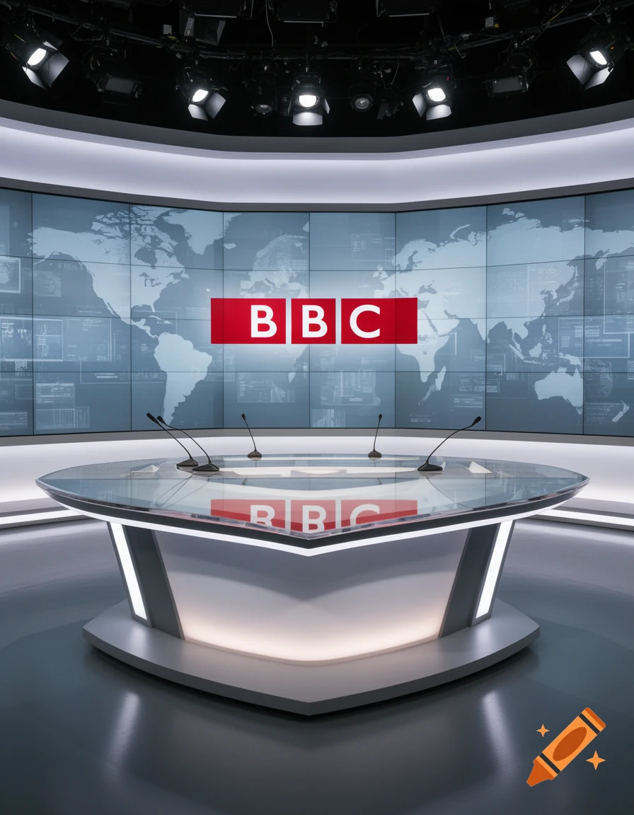 A modern news studio with a large screen displaying a world map and the 'BBC' logo, above a sleek desk with microphones.