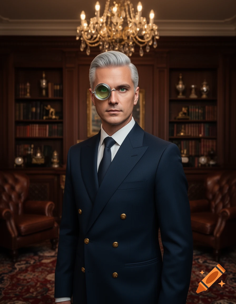A distinguished man with gray hair and a monocle wears a dark suit, standing in a luxurious library.