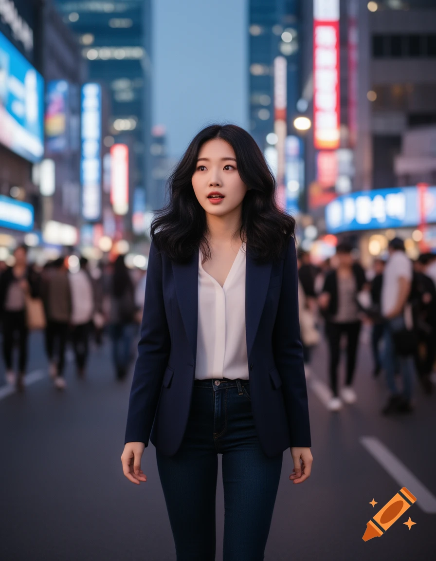 A young woman with long black hair, wearing a navy blazer and jeans, walks down a bustling city street at dusk.