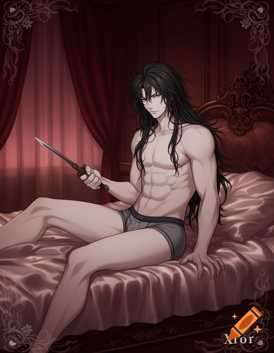 Anime-style character Xior, a muscular man with long black hair, wearing boxers and holding a dagger, on an elegant bed.