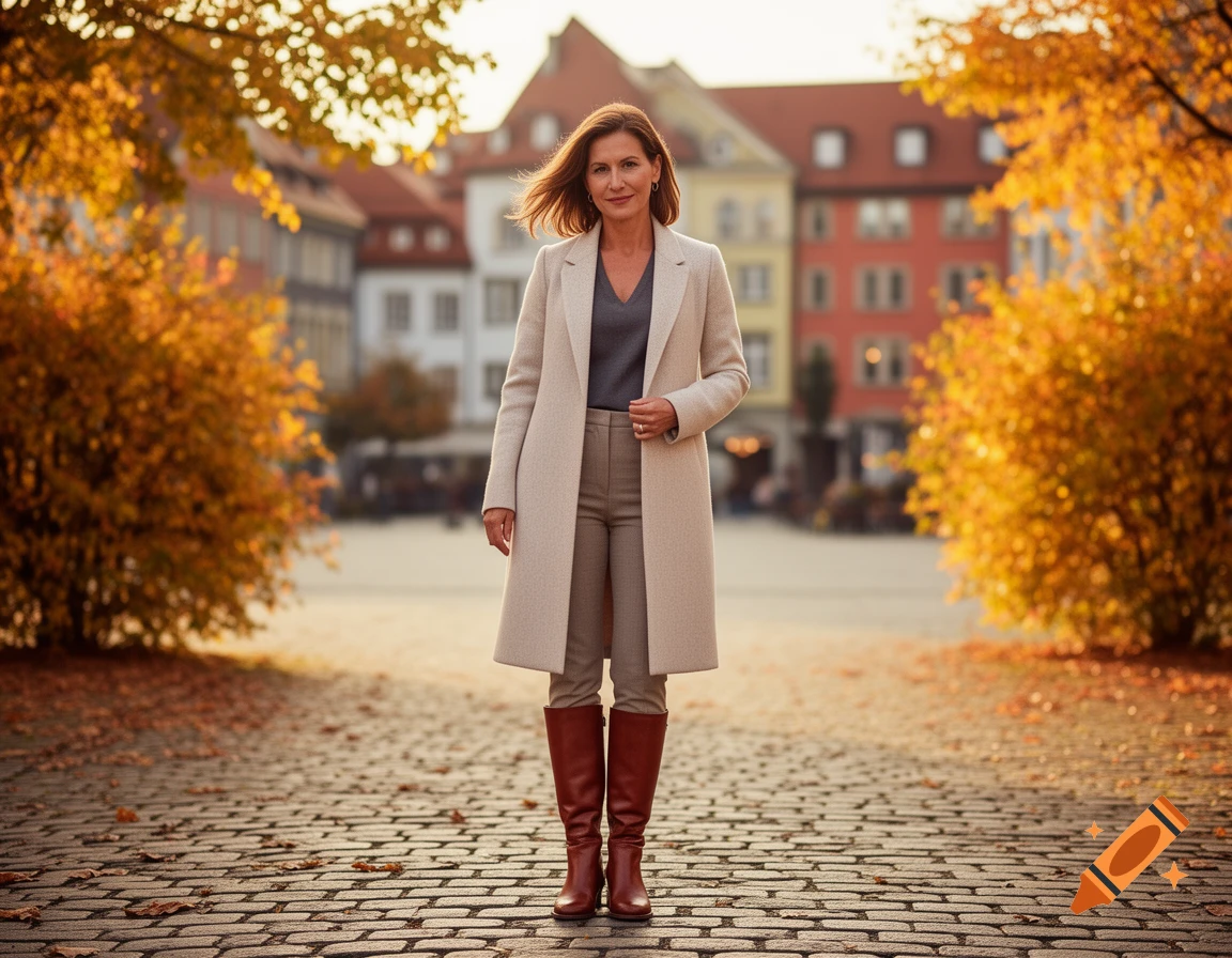 Photorealistic portrait of a woman in a beige coat and brown boots on an autumn cobblestone street with colorful trees and buildings.