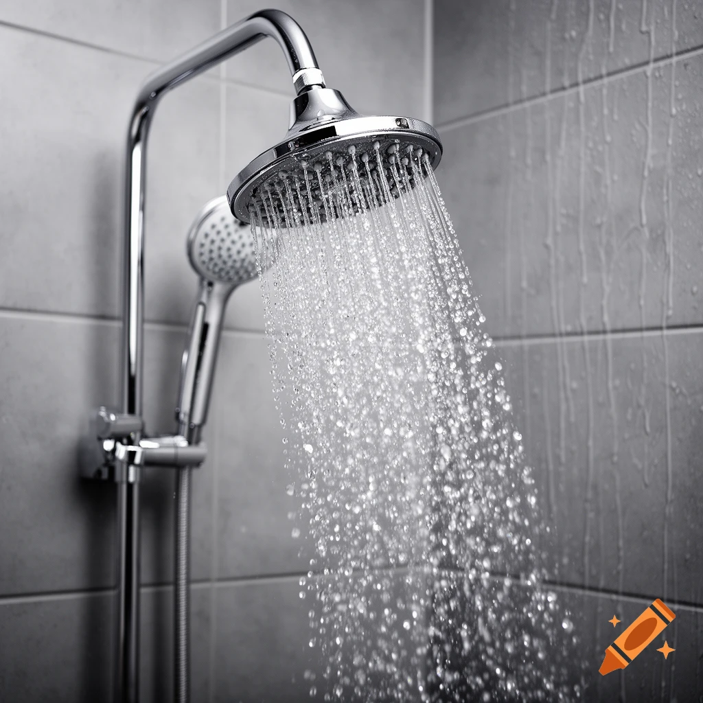 Photorealistic close-up of a shower head spraying water against a gray tiled wall.