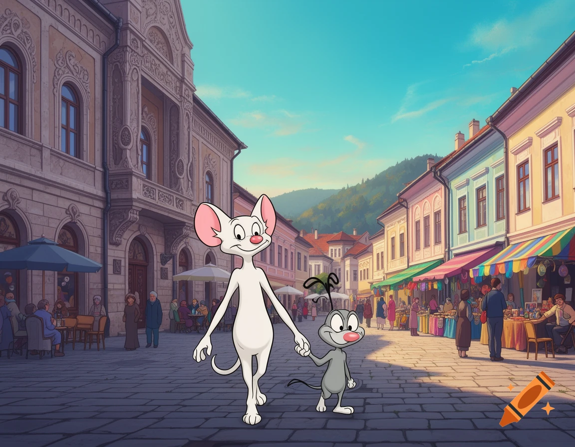 Pinky from Pinky and the Brain walks hand-in-hand with Oggy from Oggy and the Cockroaches down a bustling, sunlit European street with ornate buildings and market stalls.
