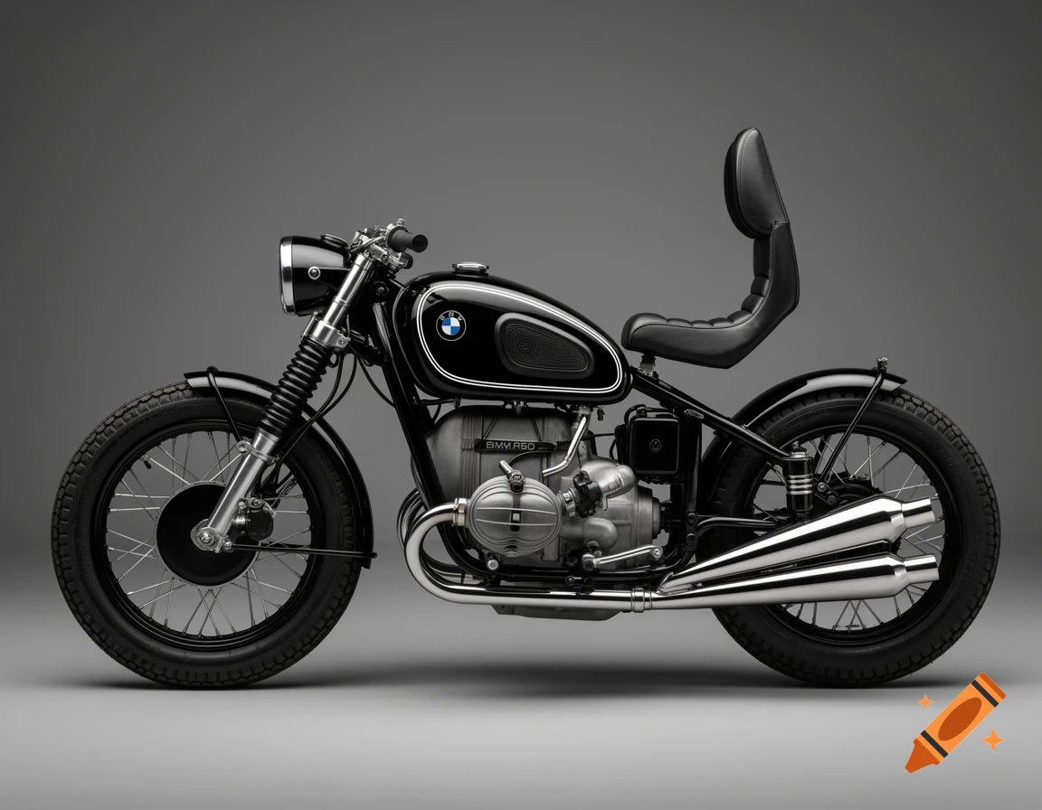 Professional studio photograph of a highly customized vintage black BMW R50 motorcycle with chrome details and a high black leather seat, side profile.