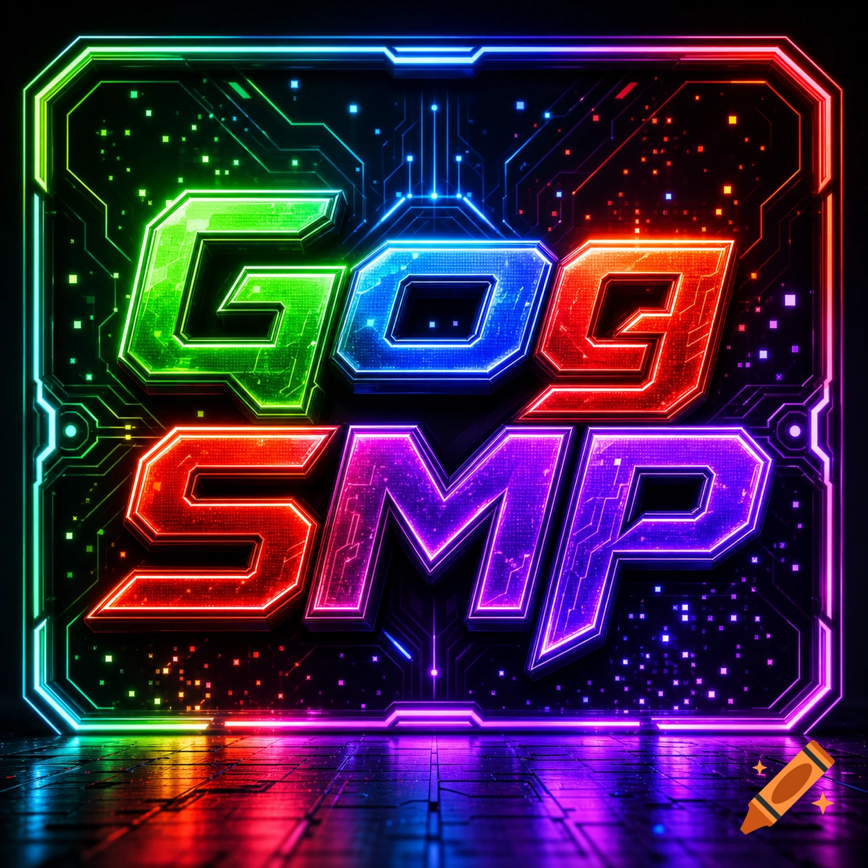 A vibrant, glowing LED gaming logo with 'GOG SMP' text, set in a circuit board style.
