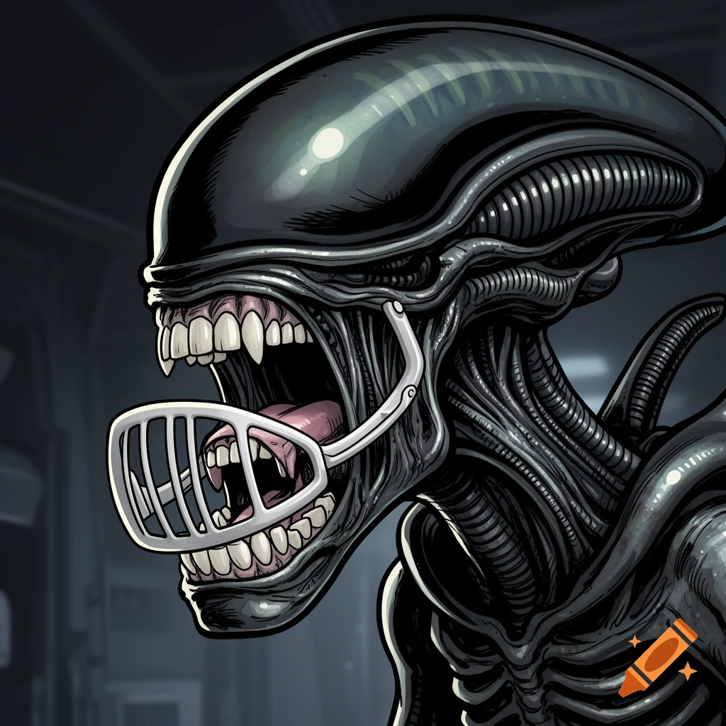 A close-up comic art illustration of an Alien's head, with its inner mouth wide open and wearing a white grinding splint.