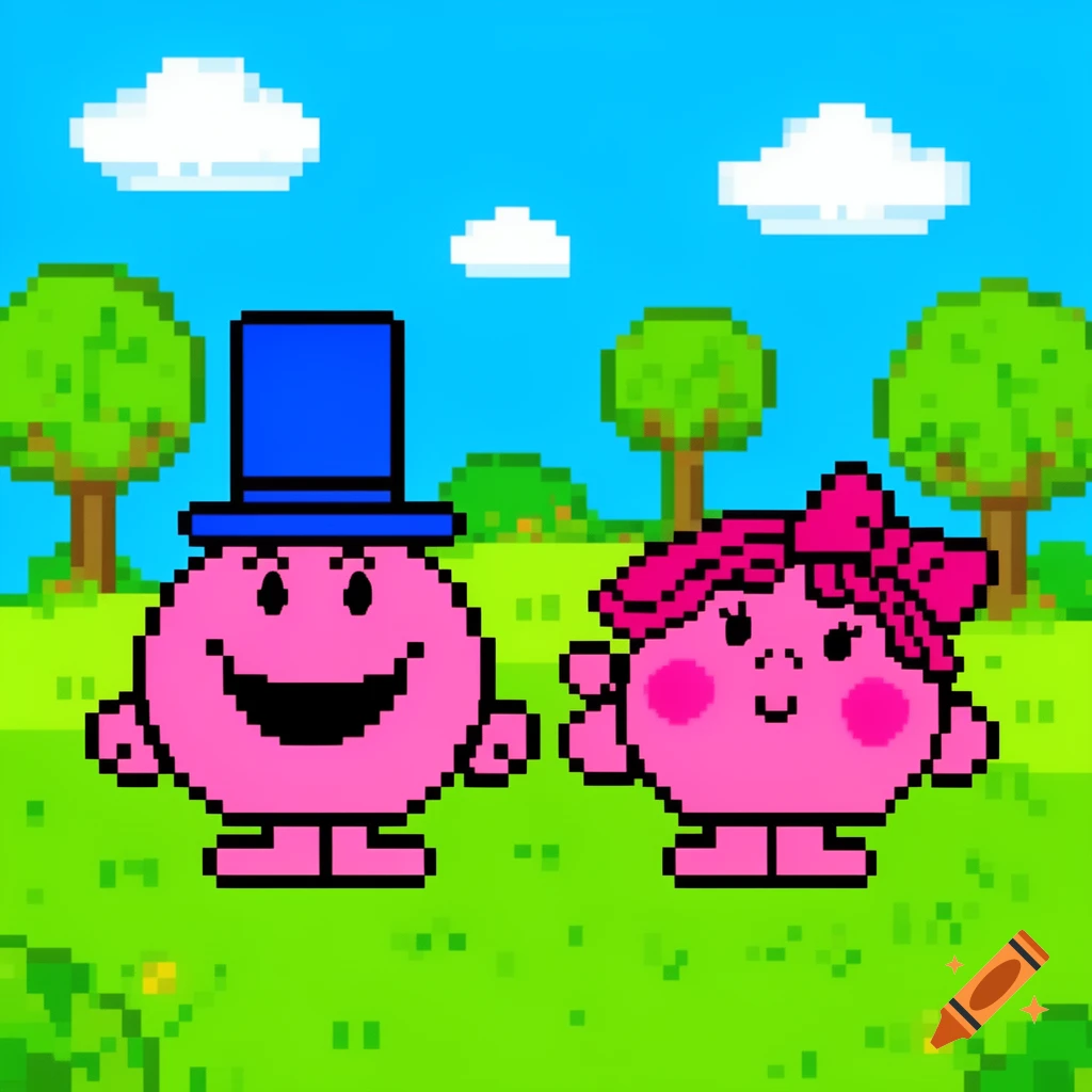 Two pink, round pixel art characters, one in a blue top hat and one with a pink bow, in a green field with trees under a blue sky.