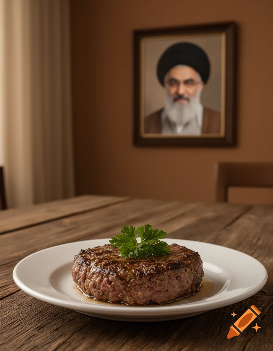 A perfectly cooked burger patty garnished with parsley on a white plate on a wooden table, with a blurred portrait in the background.