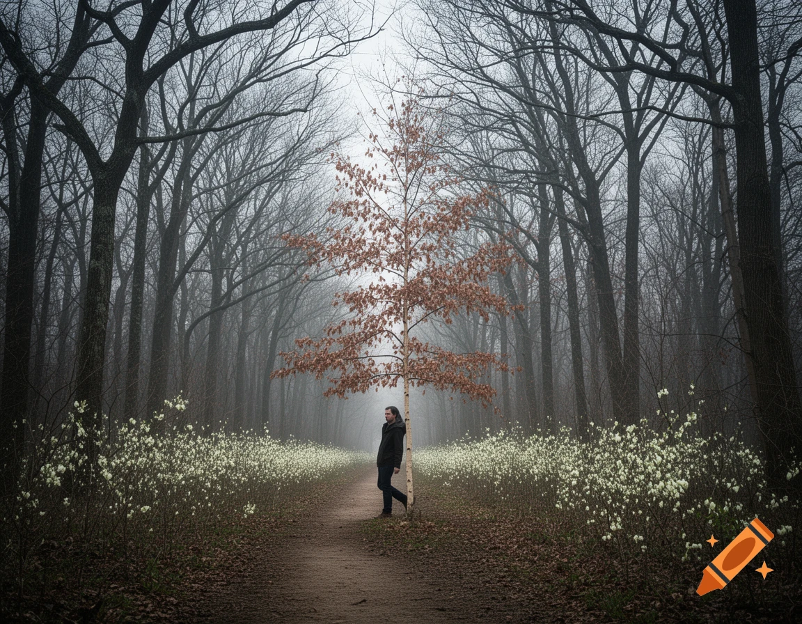 A person leans against a small tree with brown leaves on a misty forest path lined with white flowers.