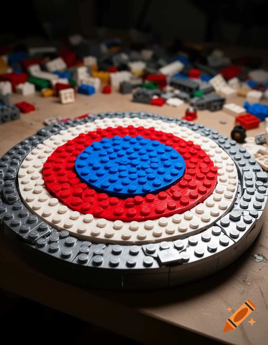 Close-up of a Captain America shield made from red, white, blue, and gray LEGO bricks on a blurred table with scattered LEGOs.