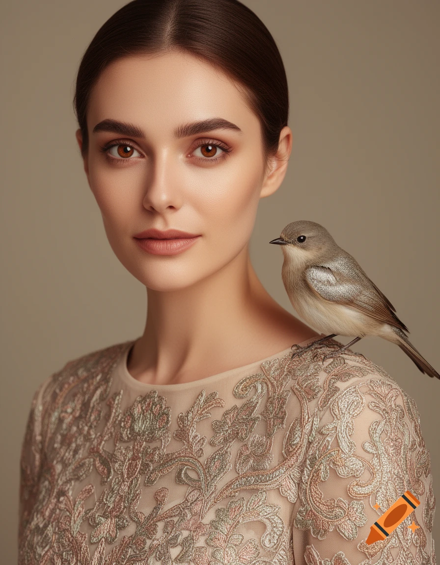 A photorealistic portrait of a woman with dark hair and brown eyes, wearing an embroidered dress, with a small brown bird perched on her shoulder.