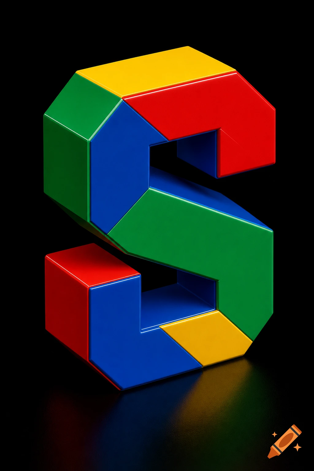 A glossy, colorful 3D geometric letter S on a black background, inspired by the Nintendo 64 logo.