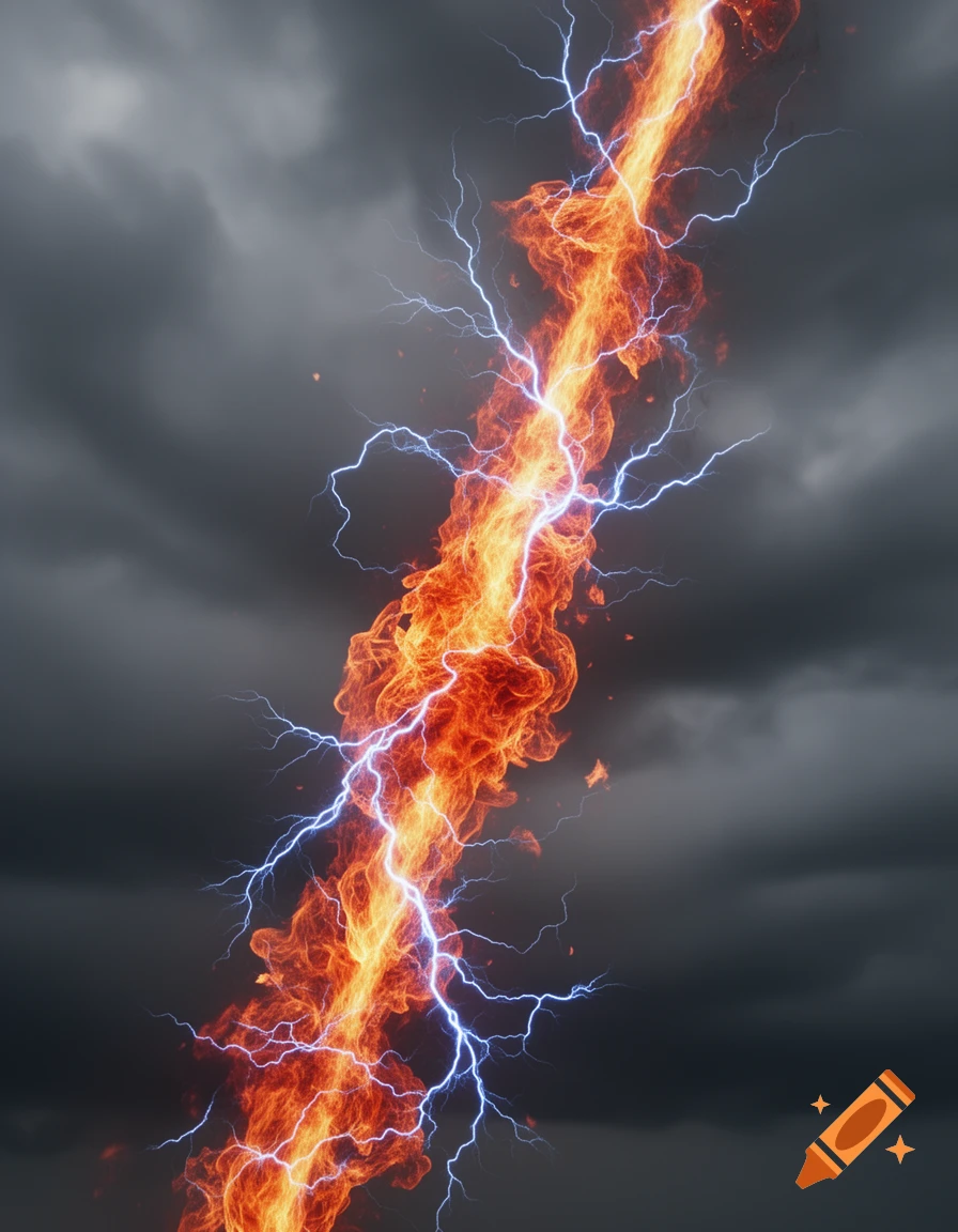 A vibrant, vertical beam of orange and red fire with jagged blue lightning bolts against a dark, stormy sky.