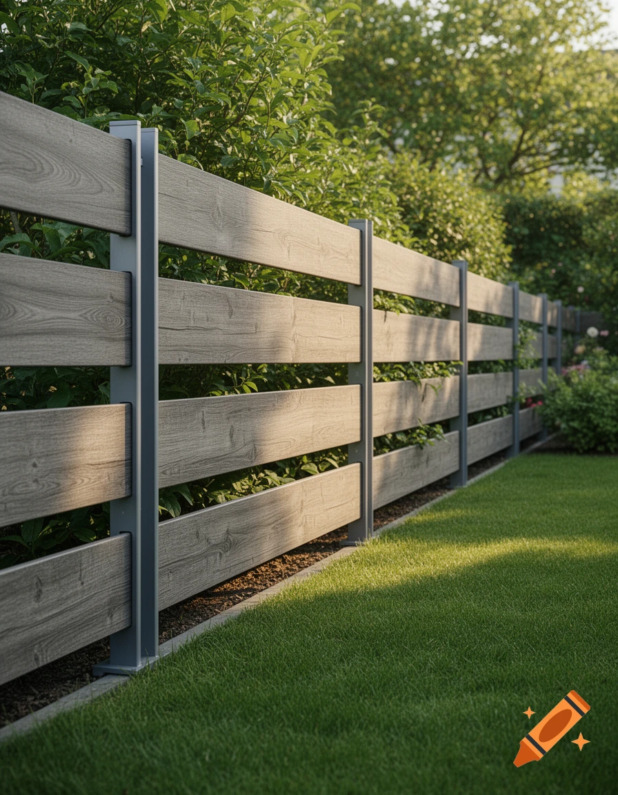 A modern grey composite fence with horizontal slats separates a manicured green lawn from lush bushes and trees, bathed in sunlight.