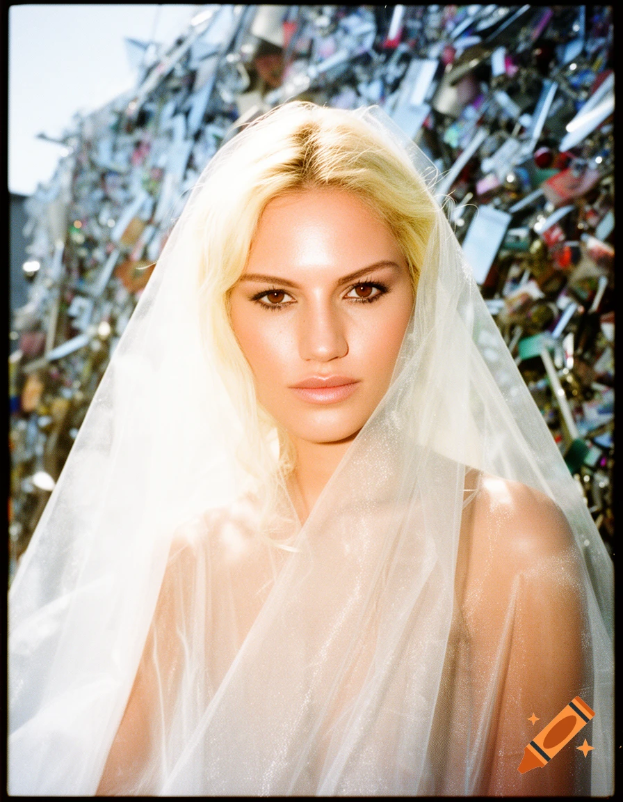 Blond woman with brown eyes wearing a sheer veil, with a chaotic metallic background, in a high-contrast analog photograph style.