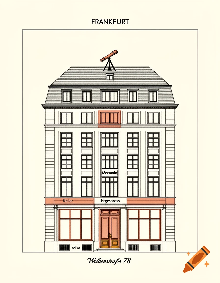 An editorial line drawing of a dignified early-20th-century Frankfurt building facade with selective terracotta color accents.