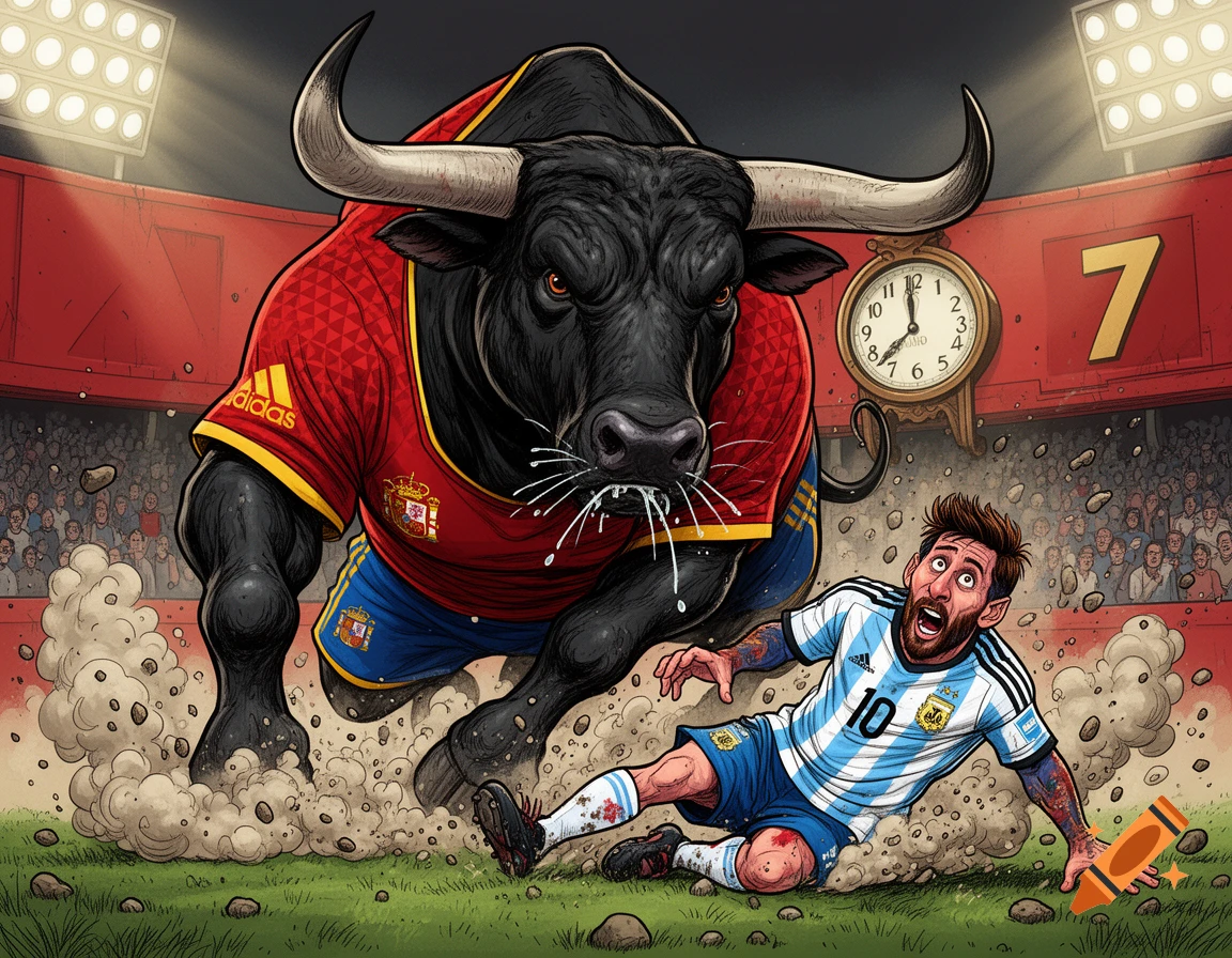 Cartoon bull in Spain soccer jersey charges terrified Lionel Messi in Argentina kit on a stadium field, comic style.