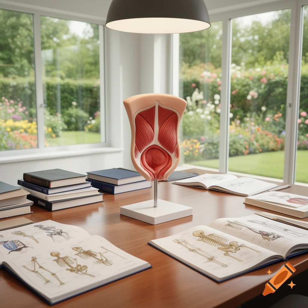 Anatomical model of a human torso with muscles and bladder on a table with open anatomy books, overlooking a garden.