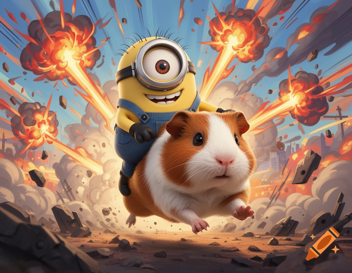 A 3D cartoon minion rides a guinea pig across an explosion-filled battlefield with debris flying.