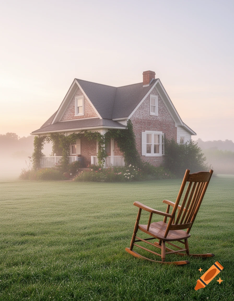A rustic brick house enveloped in mist, with a wooden rocking chair on a dewy green lawn in the foreground.