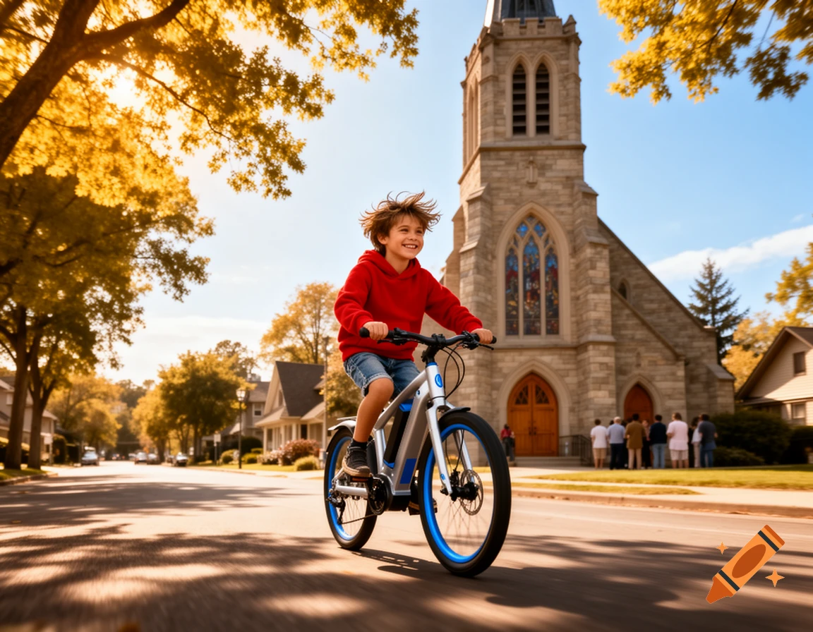 A smiling child on a bicycle rides down a sunny residential street with autumn trees, a large stone church in the background.