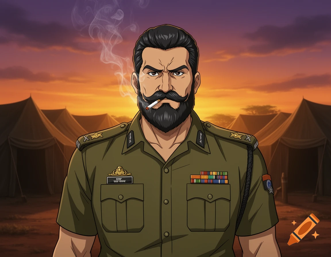 Cartoon man with beard and mustache in Indian military uniform, smoking a cigarette, with tents and sunset in the background.