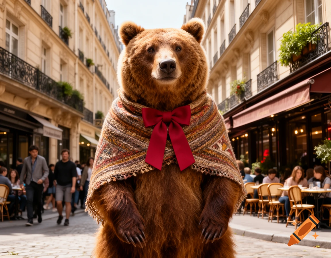 A brown bear wearing a patterned shawl and a red bow stands on a Parisian street with people and buildings in the background.