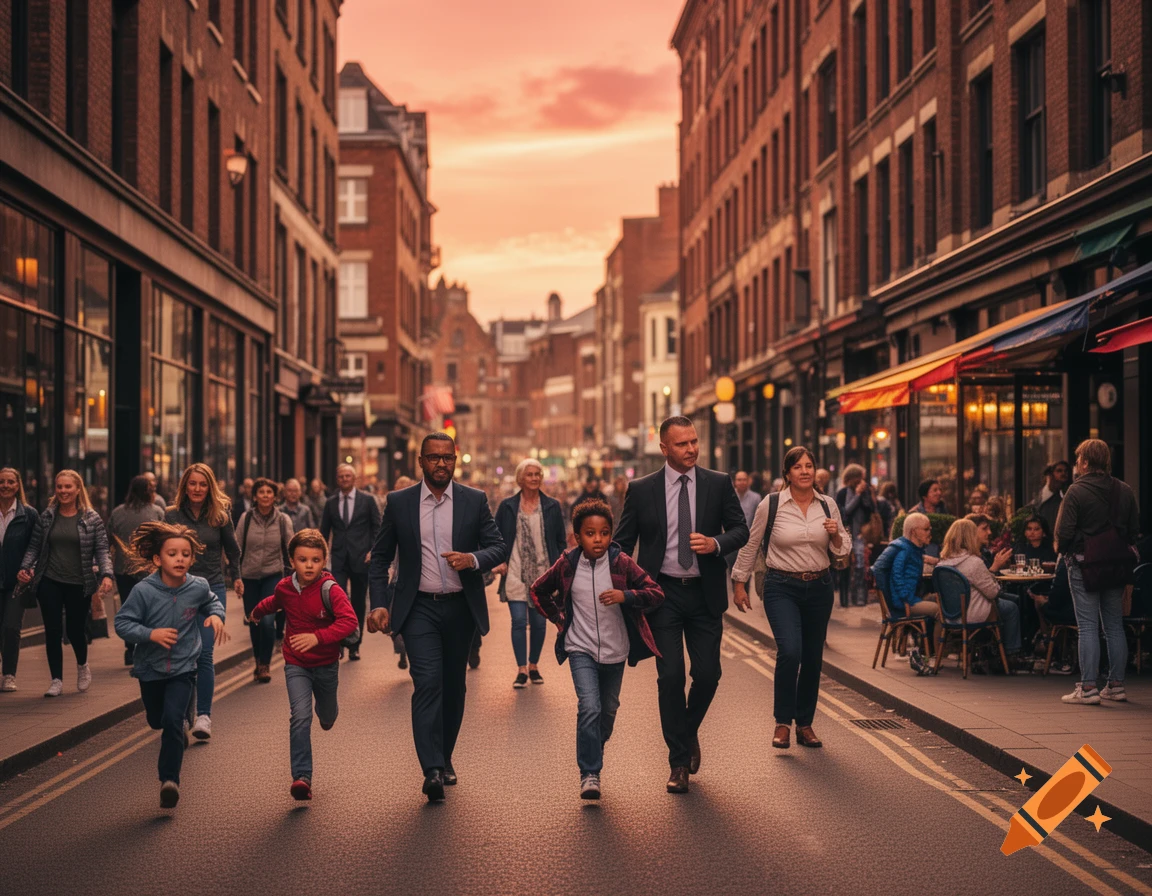 A busy street scene at sunset with adults and children running down the middle of the road, flanked by brick buildings and shops.