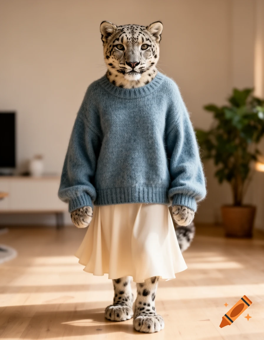 Photorealistic full body shot of an anthropomorphic snow leopard wearing a blue oversized sweater and a light beige knee-length skirt, standing indoors.
