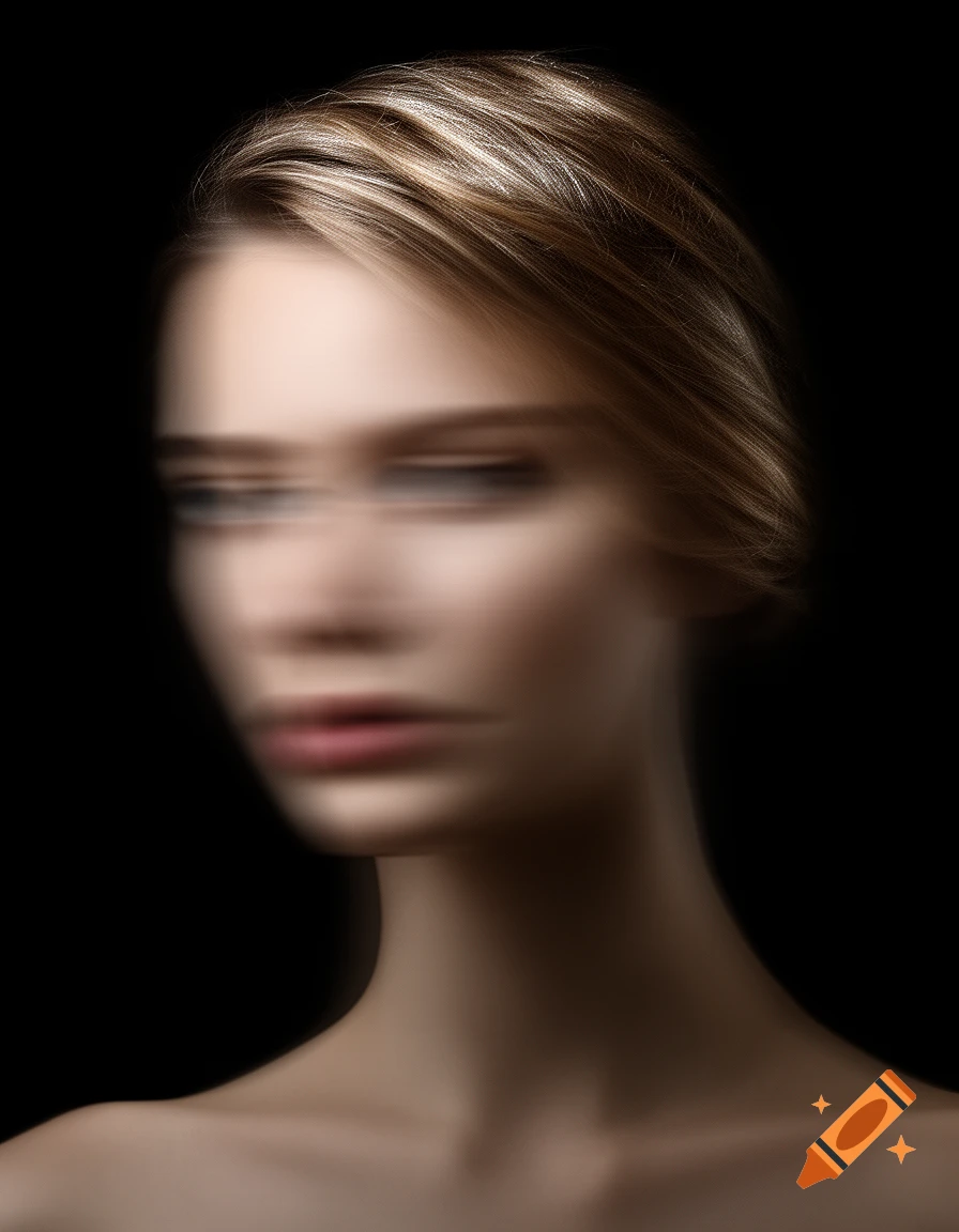A woman's head and bare shoulders against a black background, with her face heavily blurred.