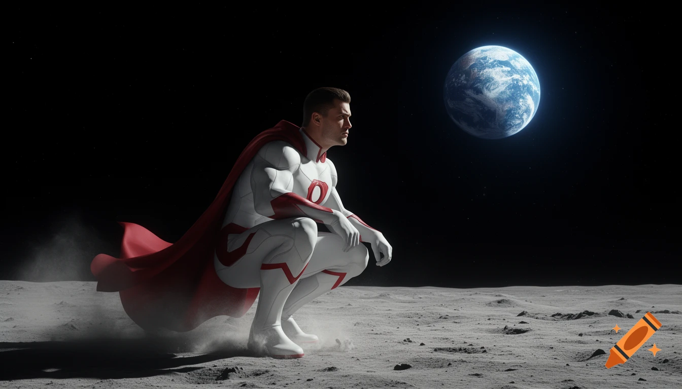 Photorealistic Omni-Man in a white and red suit with a red cape, crouching on the moon, looking at Earth in the dark sky.