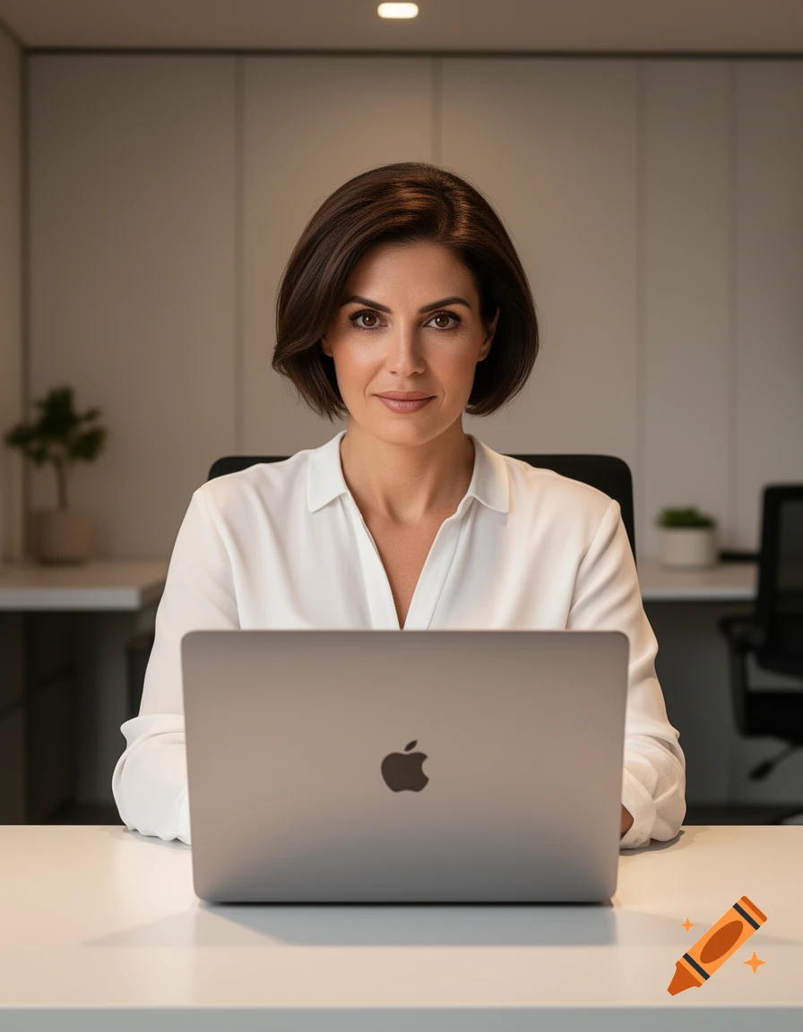 Photorealistic portrait of a woman with short hair sitting at an office desk with an Apple laptop.