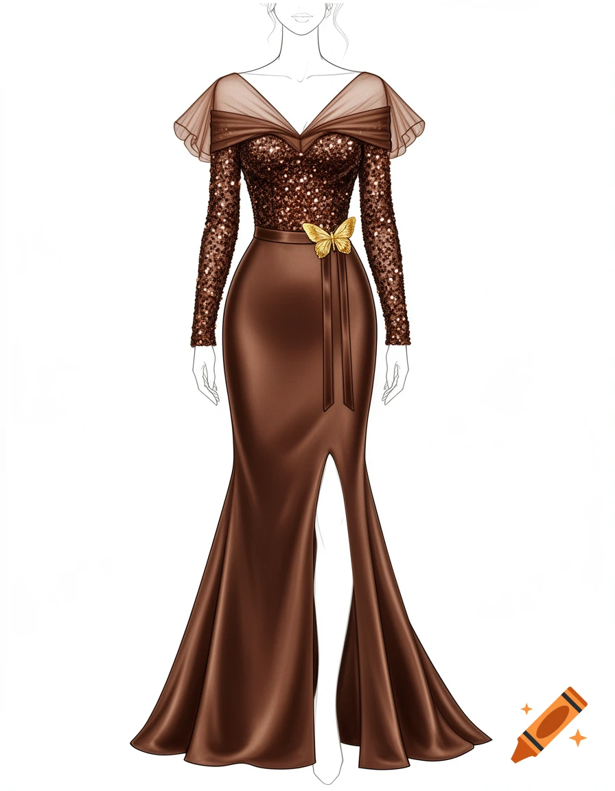 A fashion illustration of a coffee brown sequined mermaid evening gown with a sheer off-shoulder neckline, a gold butterfly at the waist, and a side slit.