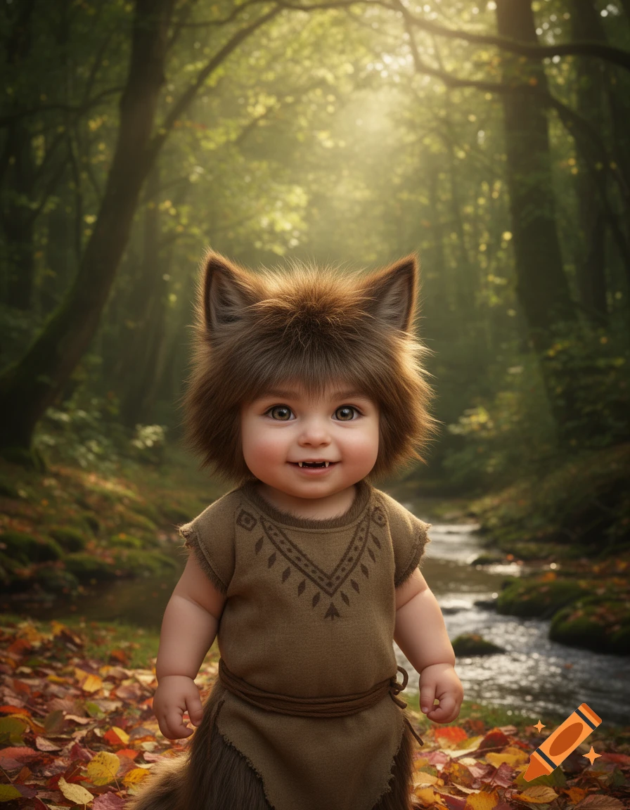 A cute baby dressed as a wolf hybrid, with furry ears and fangs, stands in a sunlit forest with autumn leaves and a stream.