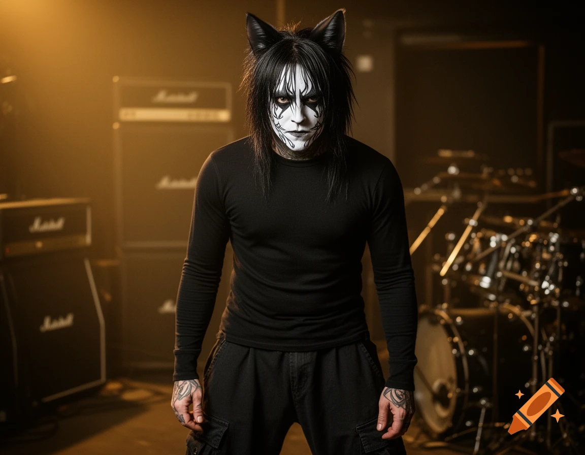 A person with black hair, cat ears, and white and black face paint stands in a dark music studio with amplifiers and a drum kit.