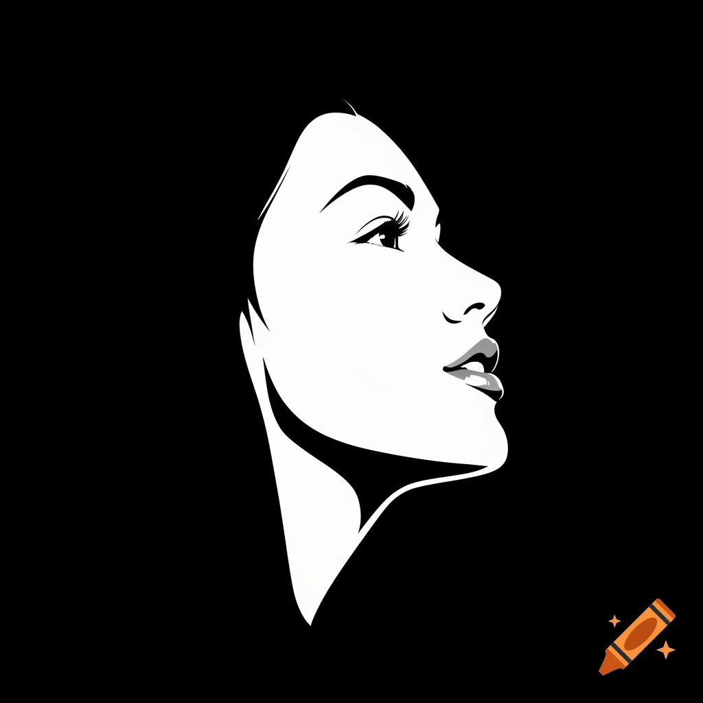 Black and white vector art profile of a woman's face looking up with slightly open lips.