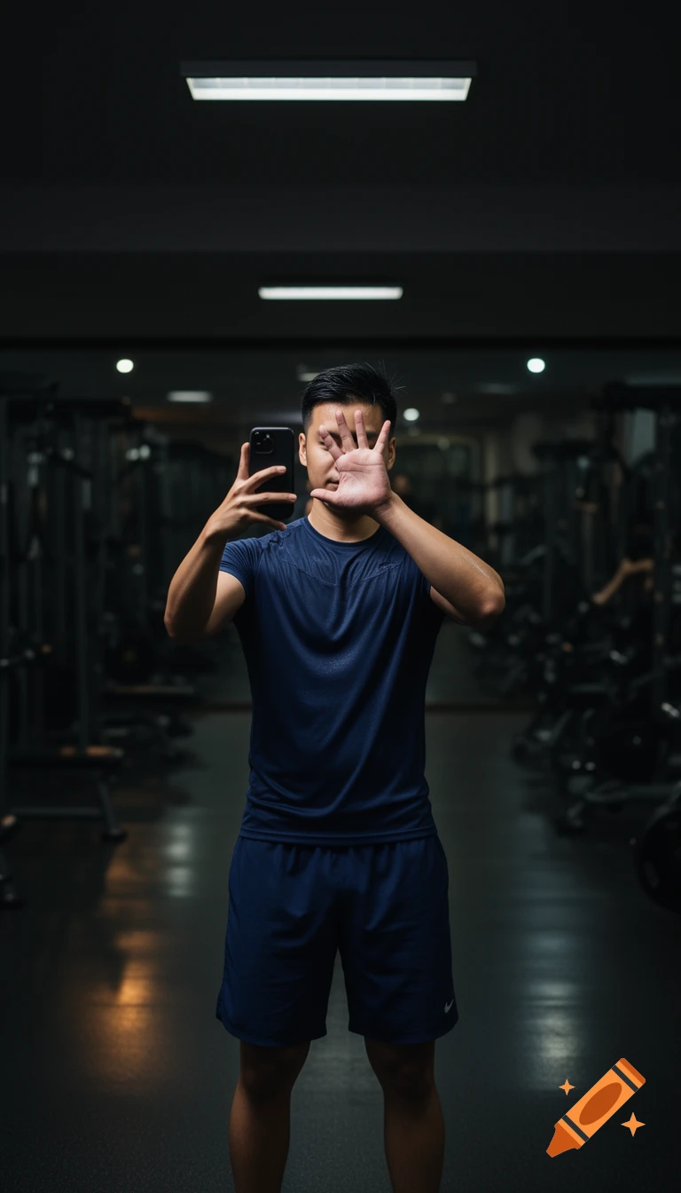 A man in a low-lit gym takes a selfie, covering his face with his hand, wearing a blue shirt and shorts.