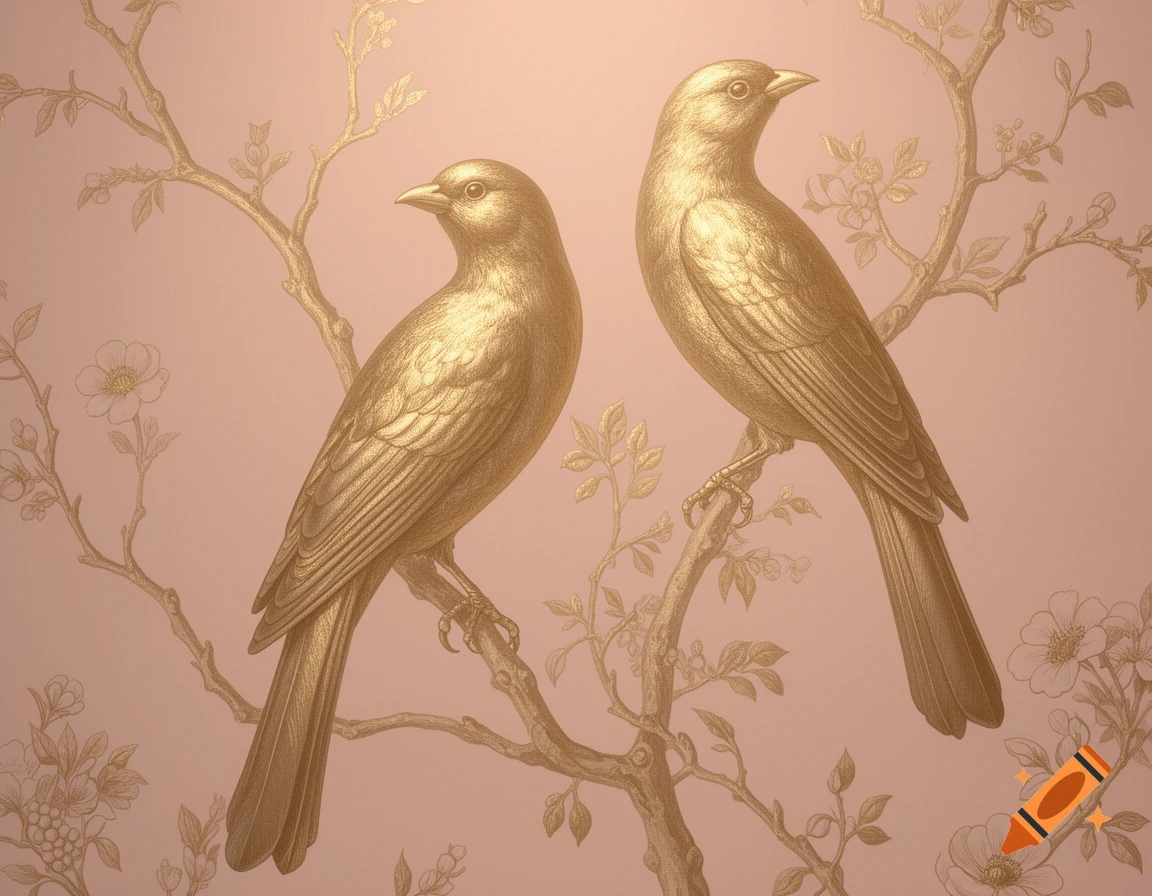 Two golden birds with metallic feathers perch on gilded branches with subtle floral accents on a soft blush-pink background, in a luxurious wallpaper style.