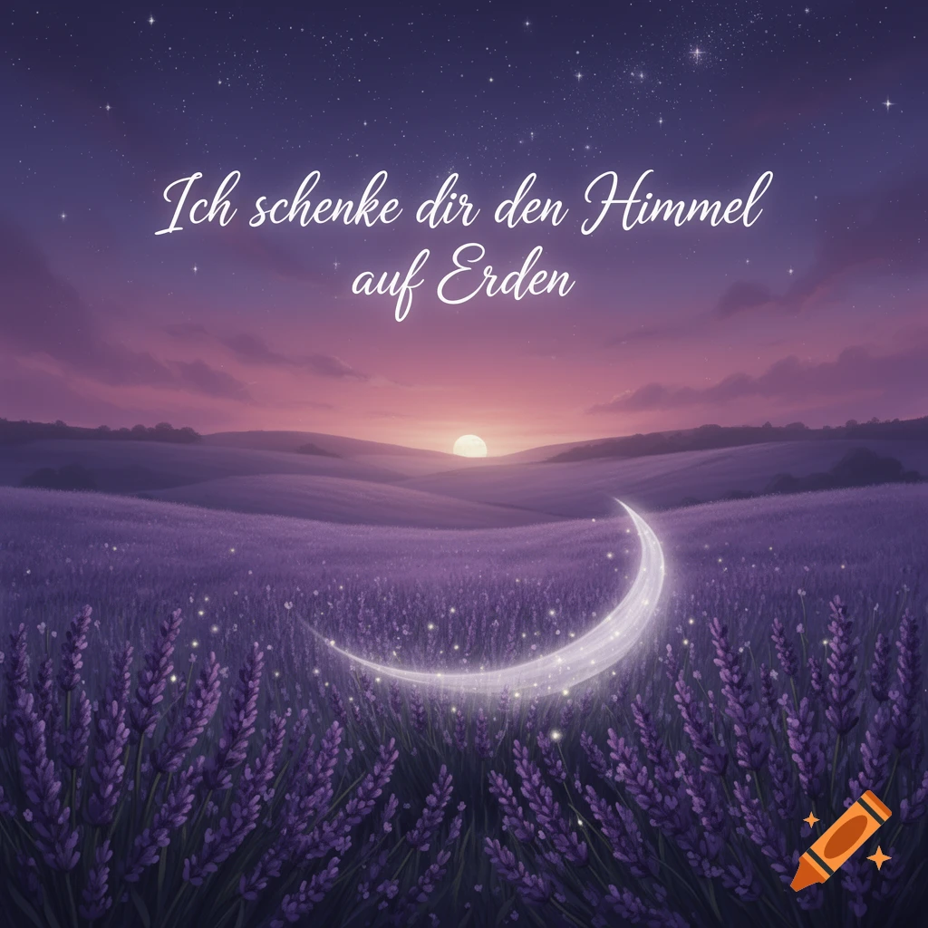 A dreamy landscape featuring a lavender field under a starry night sky with a glowing crescent moon and a sunrise, with German text.