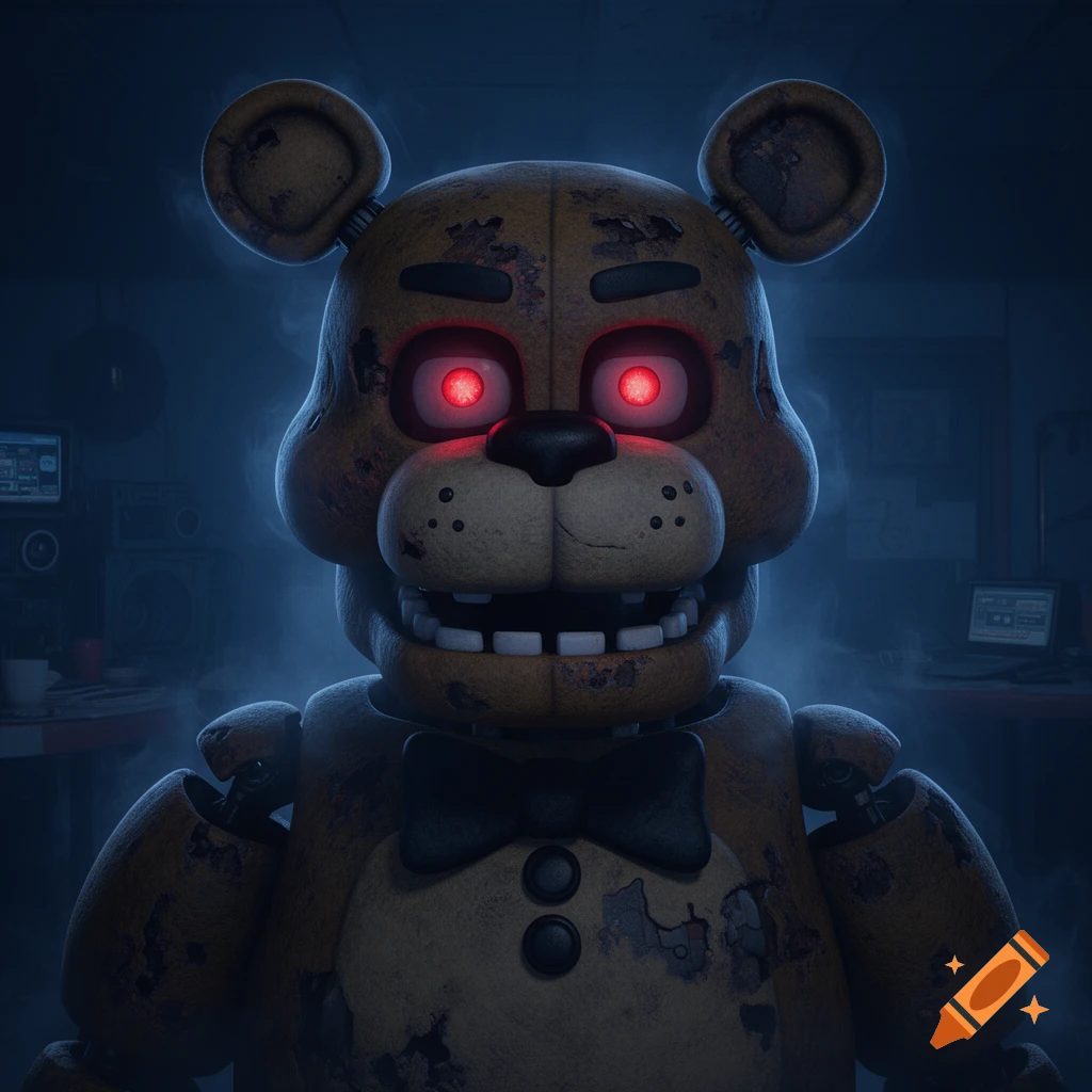 Close-up of a tattered brown animatronic bear with glowing red eyes and a bow tie, in a smoky, dimly lit room.