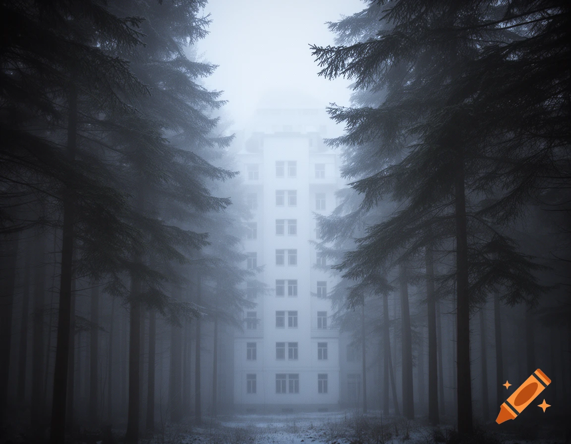 A tall, white, multi-windowed building shrouded in dense fog, framed by dark spruce trees in a mysterious, liminal winter forest scene.