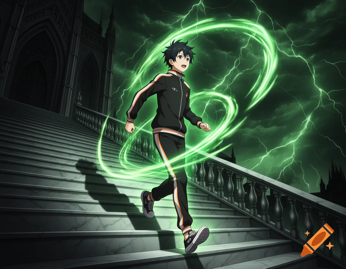 Anime character Subaru Natsuki runs up gothic stairs with a green aura and lightning in the dark background.