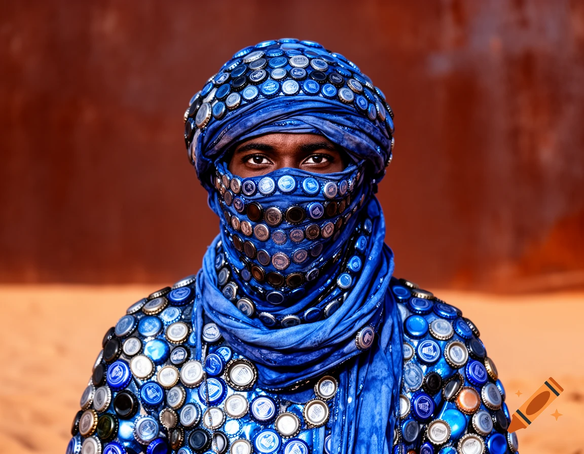 A close-up portrait of a person in a blue Tuareg-style outfit intricately covered in numerous bottle caps, against a reddish-brown desert background.