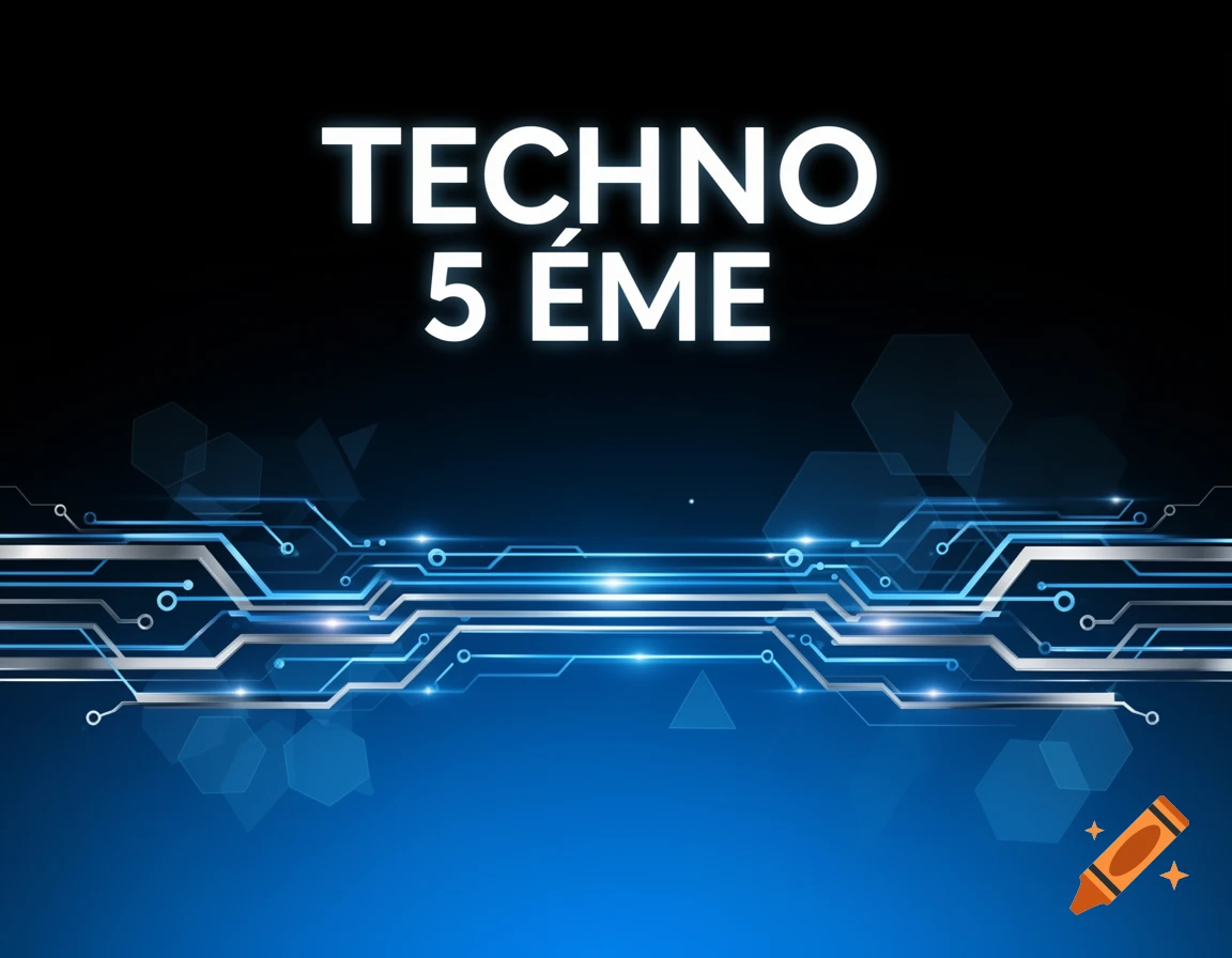 White text "TECHNO 5 ÉME" above glowing blue circuit board lines and hexagonal patterns on a dark blue and black background.