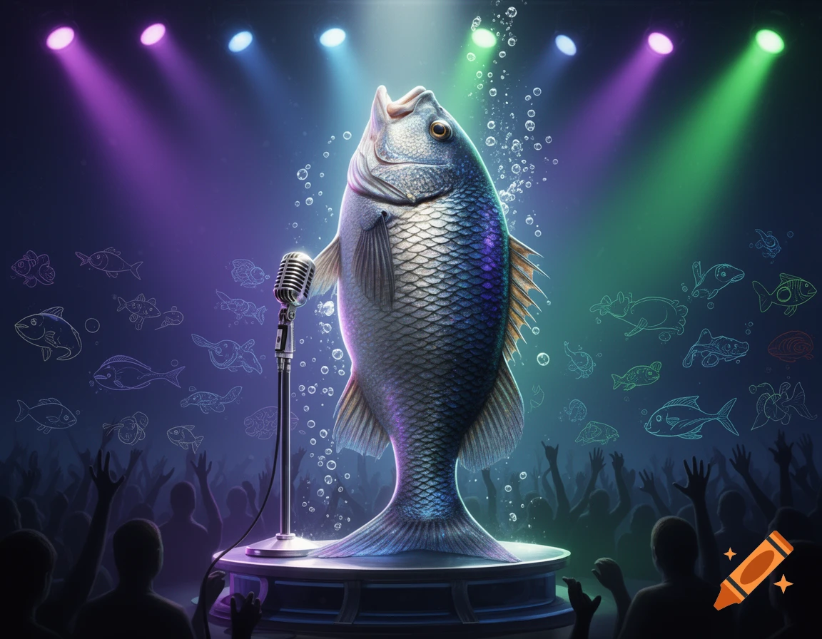 A large fish sings into a vintage microphone on a stage, illuminated by colorful spotlights, before a silhouetted audience.
