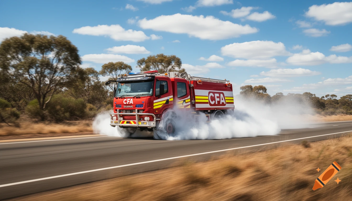 A red CFA fire tanker drives quickly down a two-lane highway, kicking up a large cloud of white smoke or spray from under its wheels, with motion blur on the road and a clear sky above.